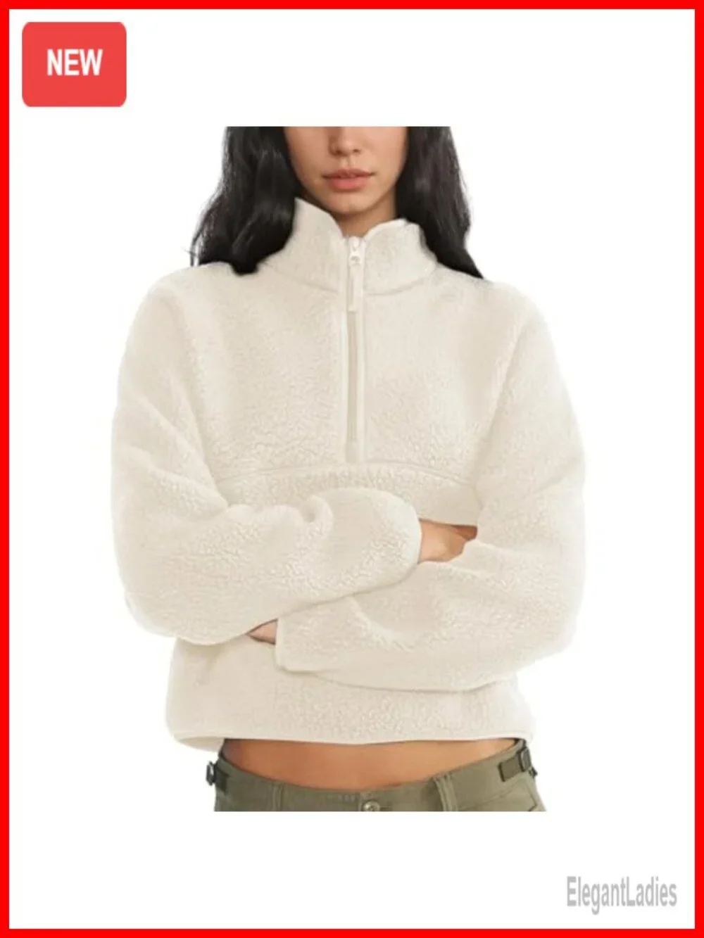 Womens Cropped Sherpa Fleece Half Zip Sweatshirt Fuzzy Pullover Varsity Jacket